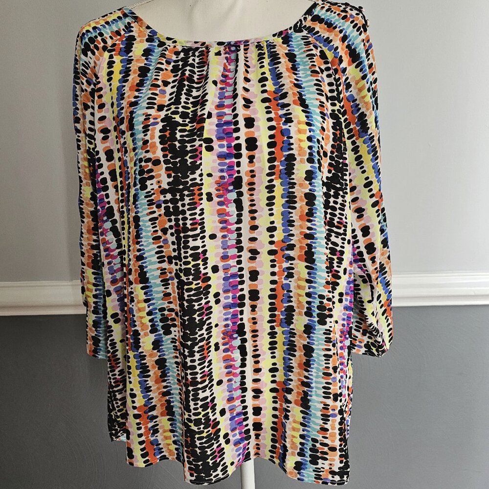 JESSICA ROSE polyester BLOUSE top VIBRANT multi-color BLACK blue ORANGE hi-low
